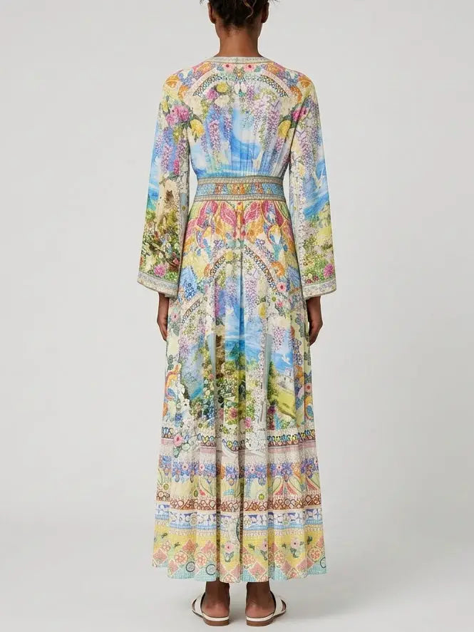 Scenic Print Silk Maxi Dress with Empire Waist - Dresses