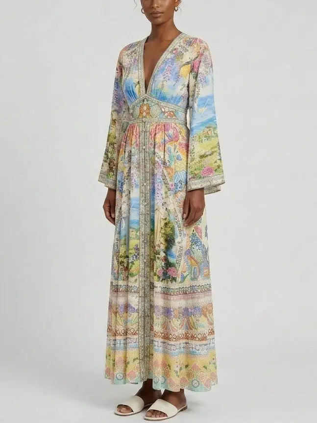 Scenic Print Silk Maxi Dress with Empire Waist - Dresses