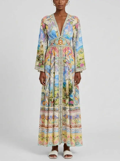 Scenic Print Silk Maxi Dress with Empire Waist - Dresses