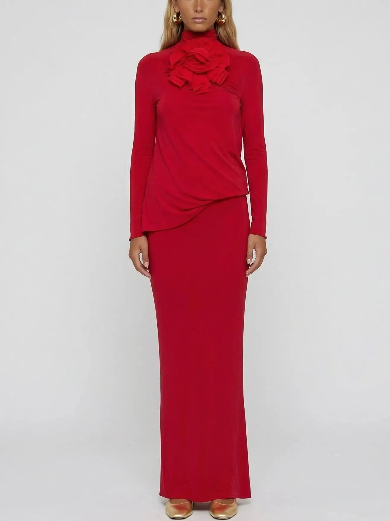 Sculptural Floral High-Neck Open-Back Maxi Dress - Small - Dresses