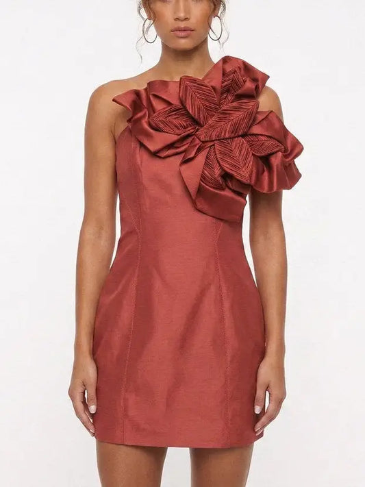 Sculptural Floral One Shoulder Mini Dress - S - Dresses