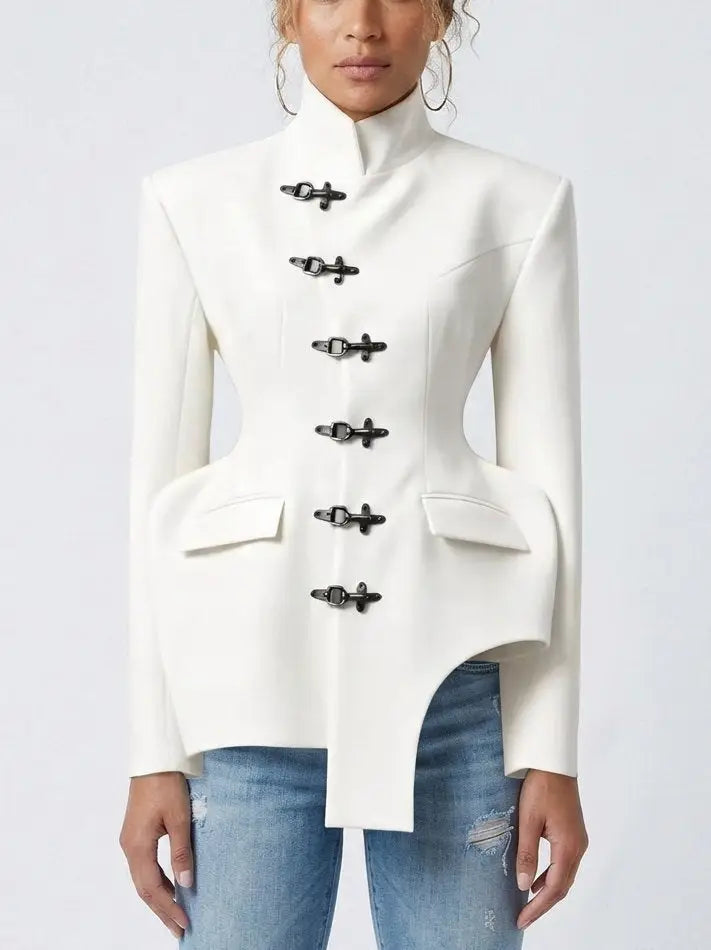 Sculptural High Collar Blazer with Metal Fastenings - Small / White - Jackets