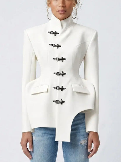 Sculptural High Collar Blazer with Metal Fastenings - Small / White - Jackets