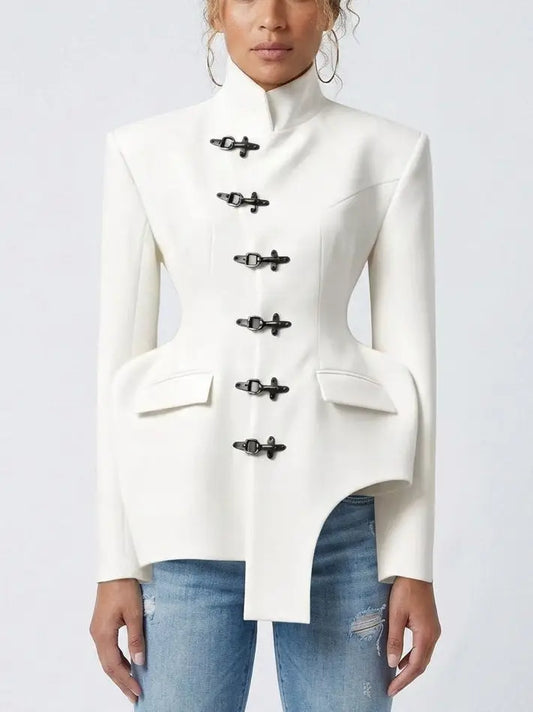Sculptural High Collar Blazer with Metal Fastenings - Small / White - Jackets