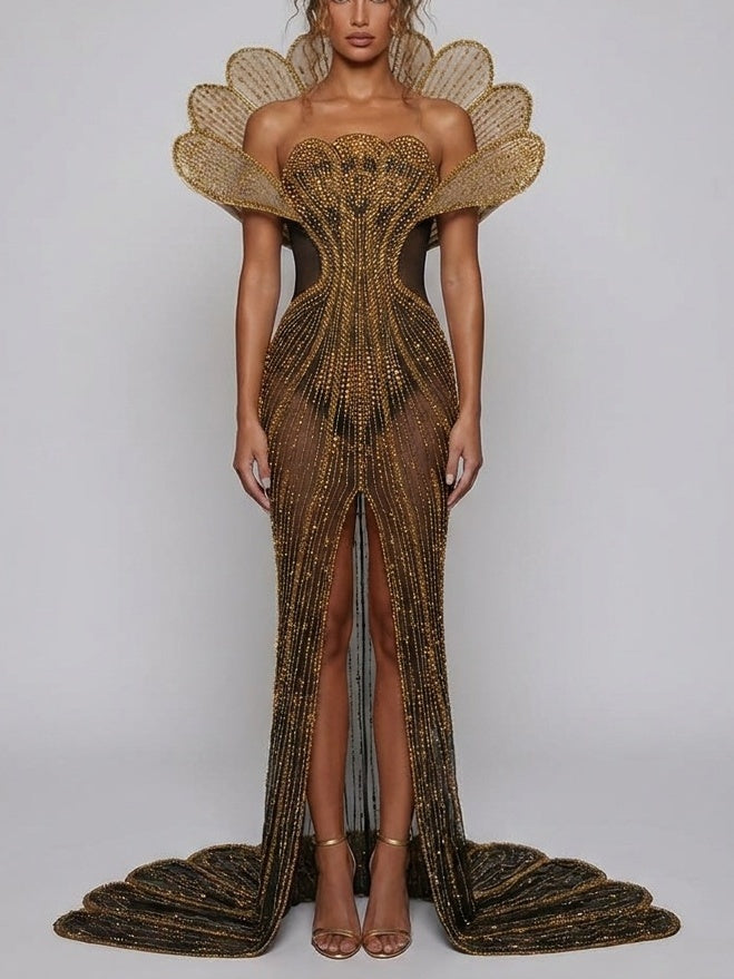 Rhinestone-Embellished Ruffled Mini Dress in Tan