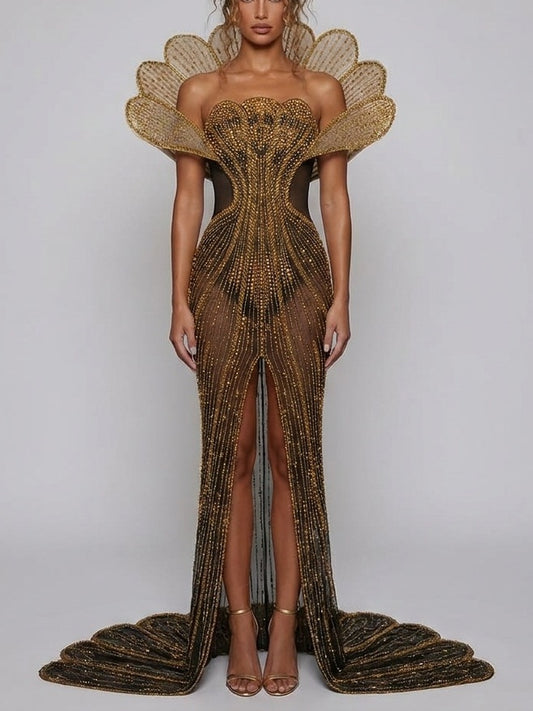 Rhinestone-Embellished Ruffled Mini Dress in Tan