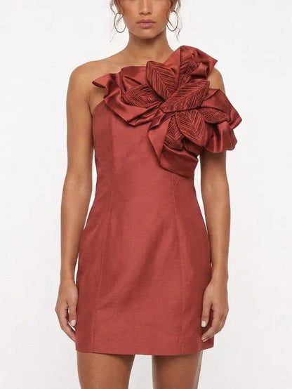 Sculptural Floral One Shoulder Mini Dress - Dresses