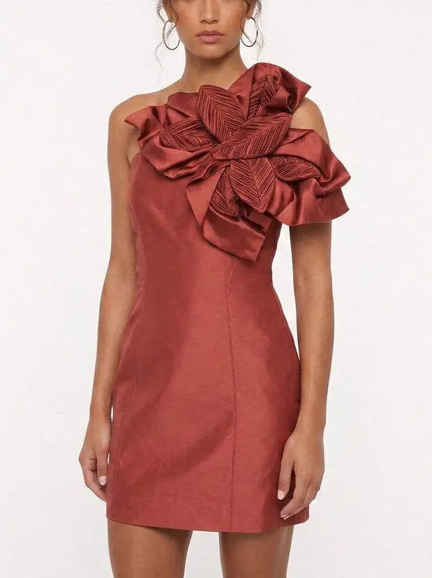 Sculptural Floral One Shoulder Mini Dress - Dresses