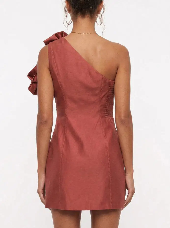 Sculptural Floral One Shoulder Mini Dress - Dresses