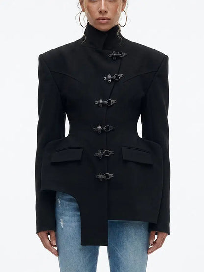 Sculptural High Collar Blazer with Metal Fastenings - Small / Black - Jackets