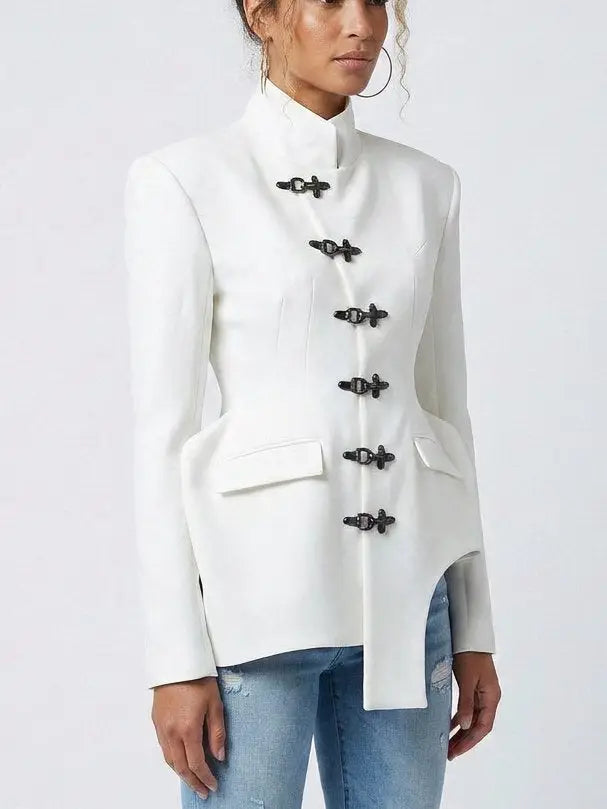 Sculptural High Collar Blazer with Metal Fastenings - Jackets