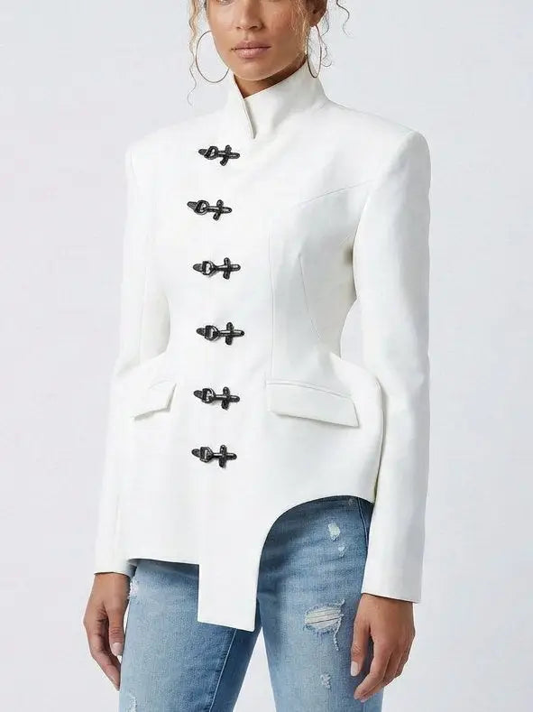 Sculptural High Collar Blazer with Metal Fastenings - Jackets