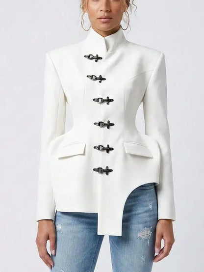 Sculptural High Collar Blazer with Metal Fastenings - Jackets