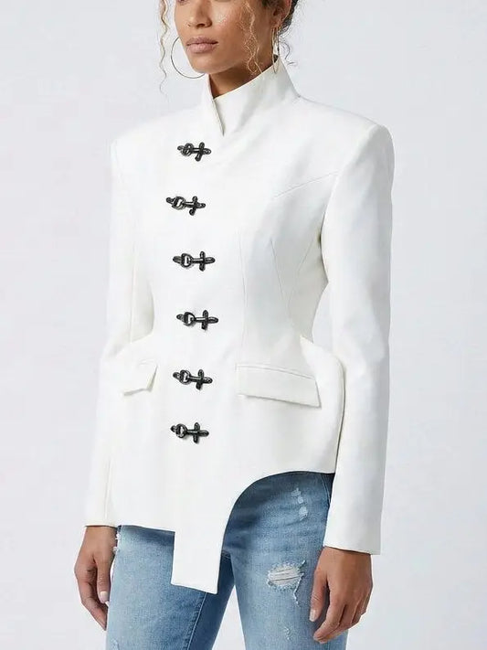 Sculptural High Collar Blazer with Metal Fastenings - Jackets