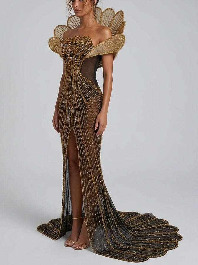 Rhinestone-Embellished Ruffled Mini Dress in Tan