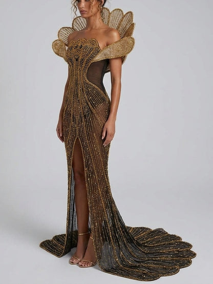 Rhinestone-Embellished Ruffled Mini Dress in Tan