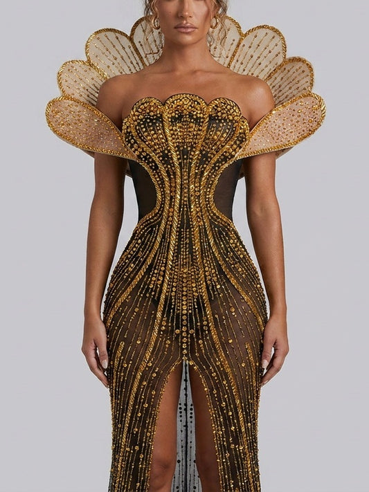 Rhinestone-Embellished Ruffled Mini Dress in Tan