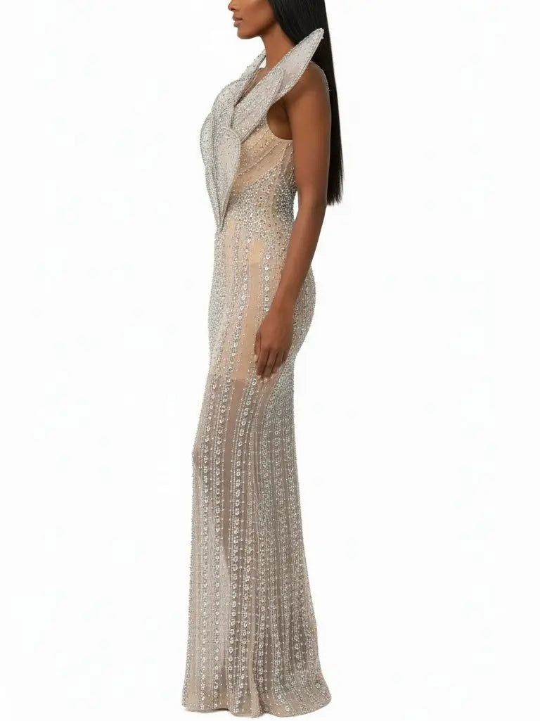 Sculptured Nude Rhinestone-Embellished Gown - Dresses