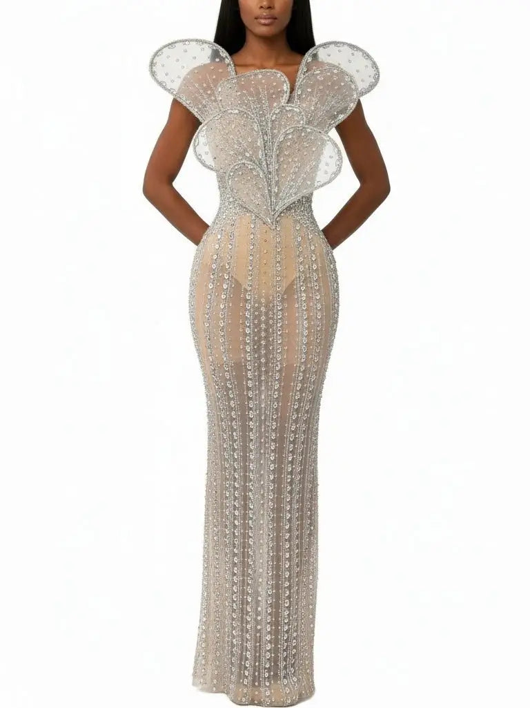 Sculptured Nude Rhinestone-Embellished Gown - Dresses