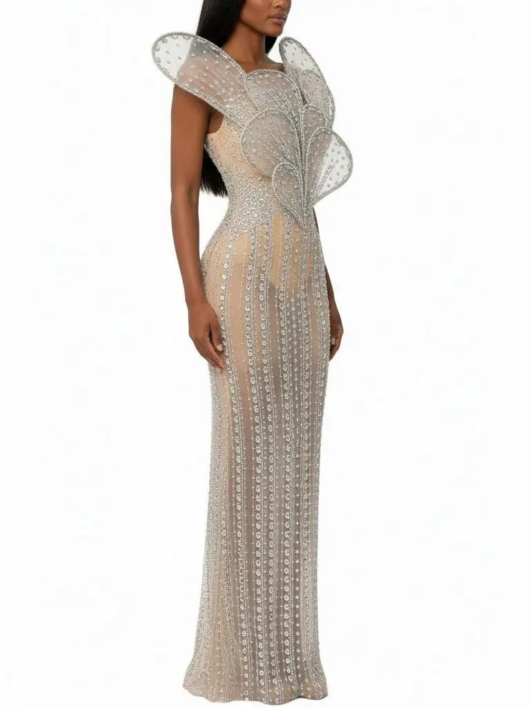 Sculptured Nude Rhinestone-Embellished Gown - Dresses