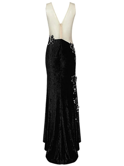 Sequin-Applique Embroidered Mesh and Velvet Gown - Branna Couture