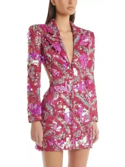 Sequin-Embellished Backless Mini Blazer Dress - Branna Couture