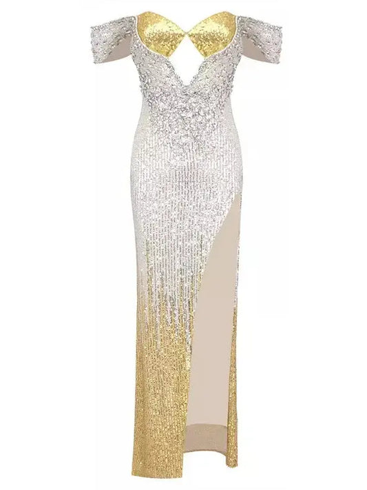 Sequin-Embellished Bardot Bralette Gown in Silver and Gold - Branna Couture