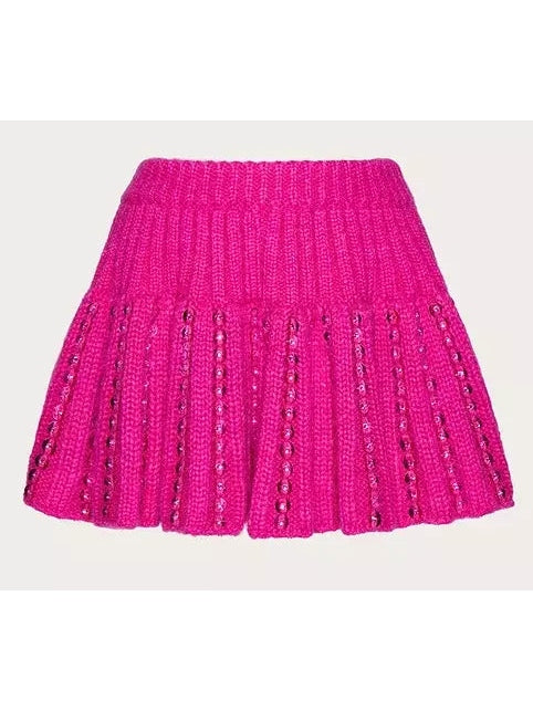 Sequin Embellished Knit Mini Skirt in Fuchsia Pink - Branna Couture