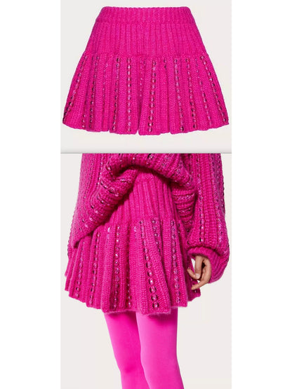 Sequin Embellished Knit Mini Skirt in Fuchsia Pink - Branna Couture