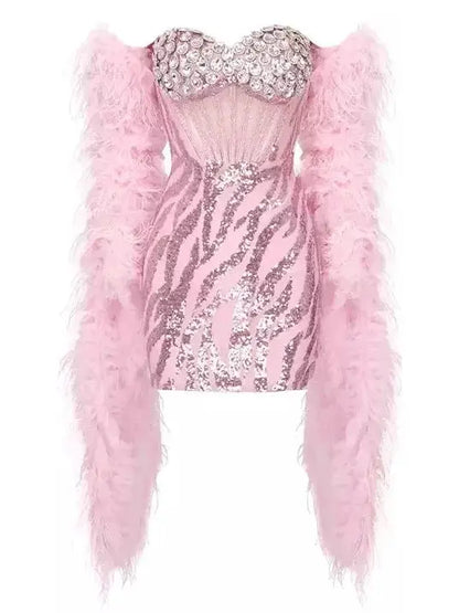 Sequin-Embellished Mesh Corset Bustier Dress with Feather Scarf - Branna Couture