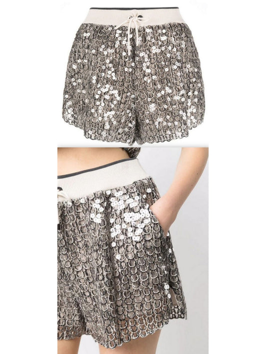 Sequin-Embellished Open-Knit Shorts - Branna Couture