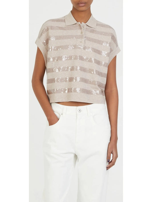 Sequin-Embellished Polo Top in Beige - Branna Couture