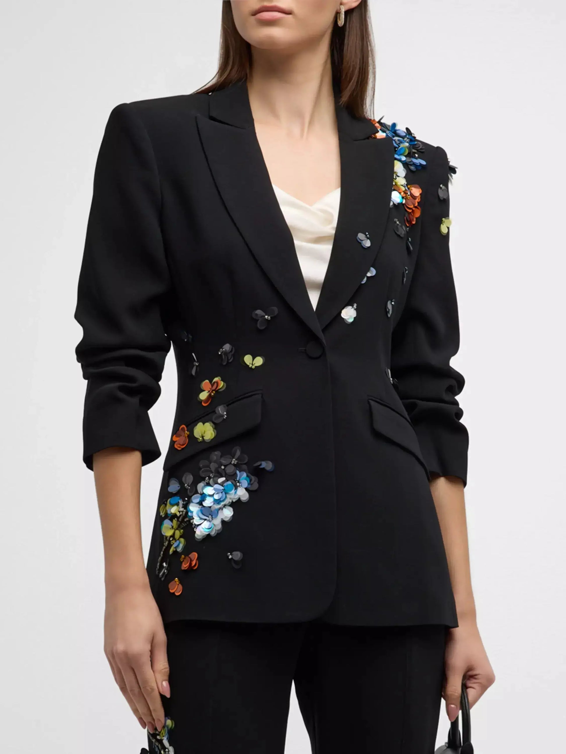 Sequin-Embellished Scrunched Black Blazer Branna Couture