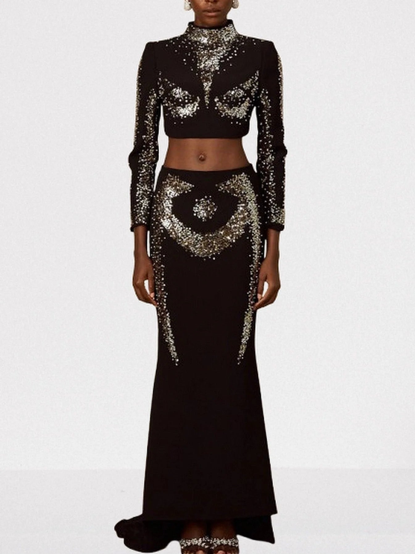 Sequin-Embellished Black Crop Top and Skirt Set - XS - Suits & Sets