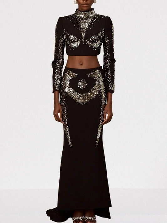 Sequin-Embellished Black Crop Top and Skirt Set - XS - Suits & Sets