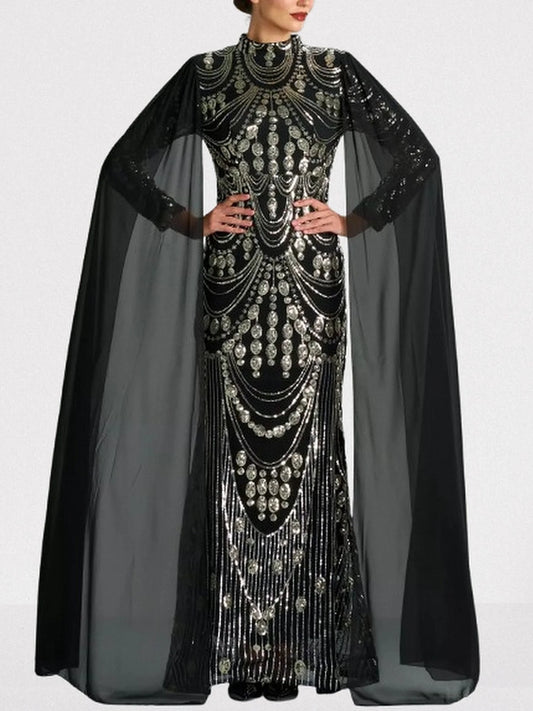 Sequin Embellished Black Gown with Flowing Cape S Dresses