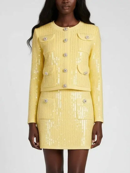 Sequin-Embellished Knit Cardigan and Mini Skirt Set - S / Yellow - Suits & Sets