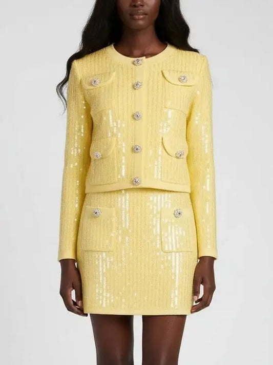 Sequin-Embellished Knit Cardigan and Mini Skirt Set - S / Yellow - Suits & Sets