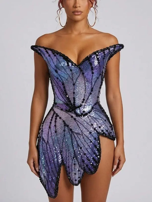Sequin-Embellished Mesh Playsuit in Purple - S - Suits & Sets