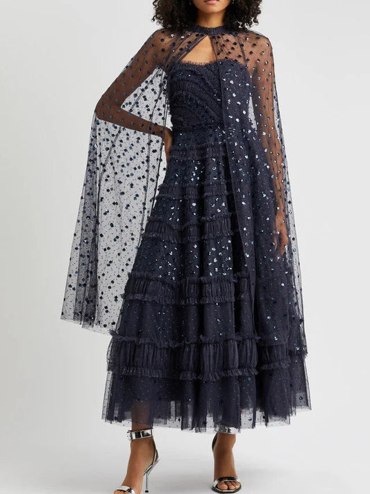 Sequin-Embellished Strapless Dress and Cape Set - S / Dark Blue - Dresses