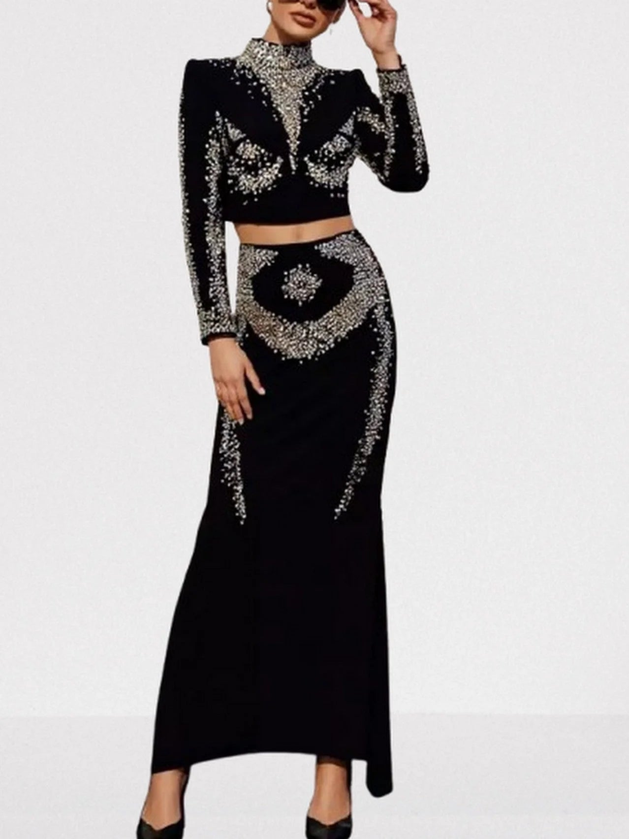 Sequin-Embellished Black Crop Top and Skirt Set - Suits & Sets
