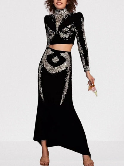 Sequin-Embellished Black Crop Top and Skirt Set - Suits & Sets