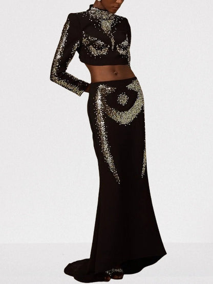 Sequin-Embellished Black Crop Top and Skirt Set - Suits & Sets