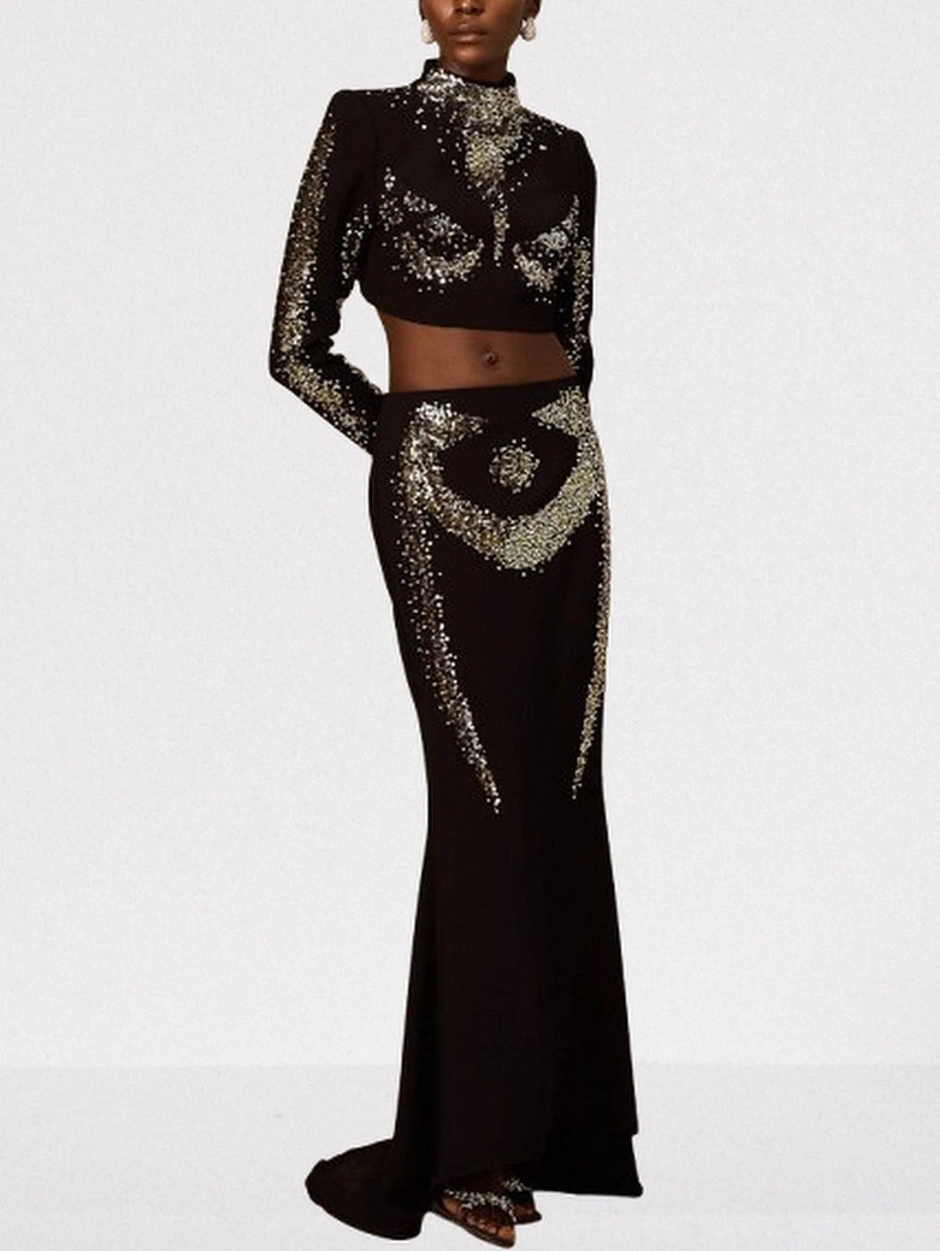 Sequin-Embellished Black Crop Top and Skirt Set - Suits & Sets