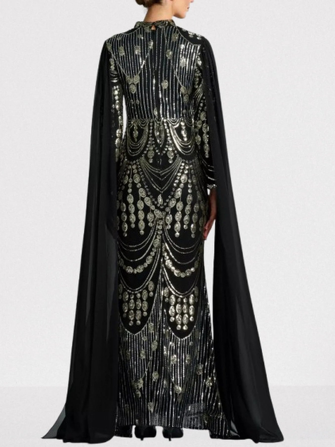 Sequin Embellished Black Gown with Flowing Cape Dresses