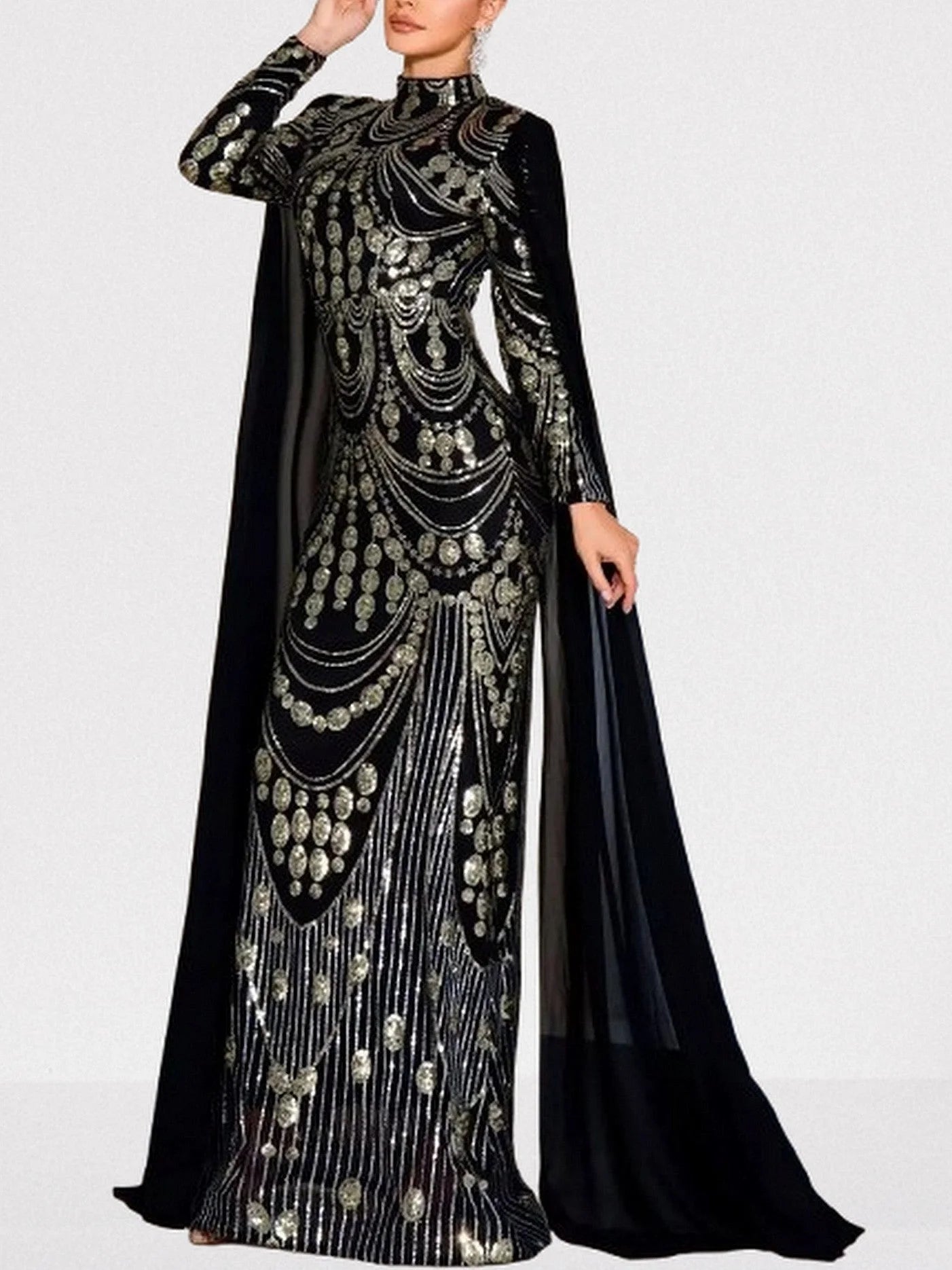 Sequin Embellished Black Gown with Flowing Cape Dresses