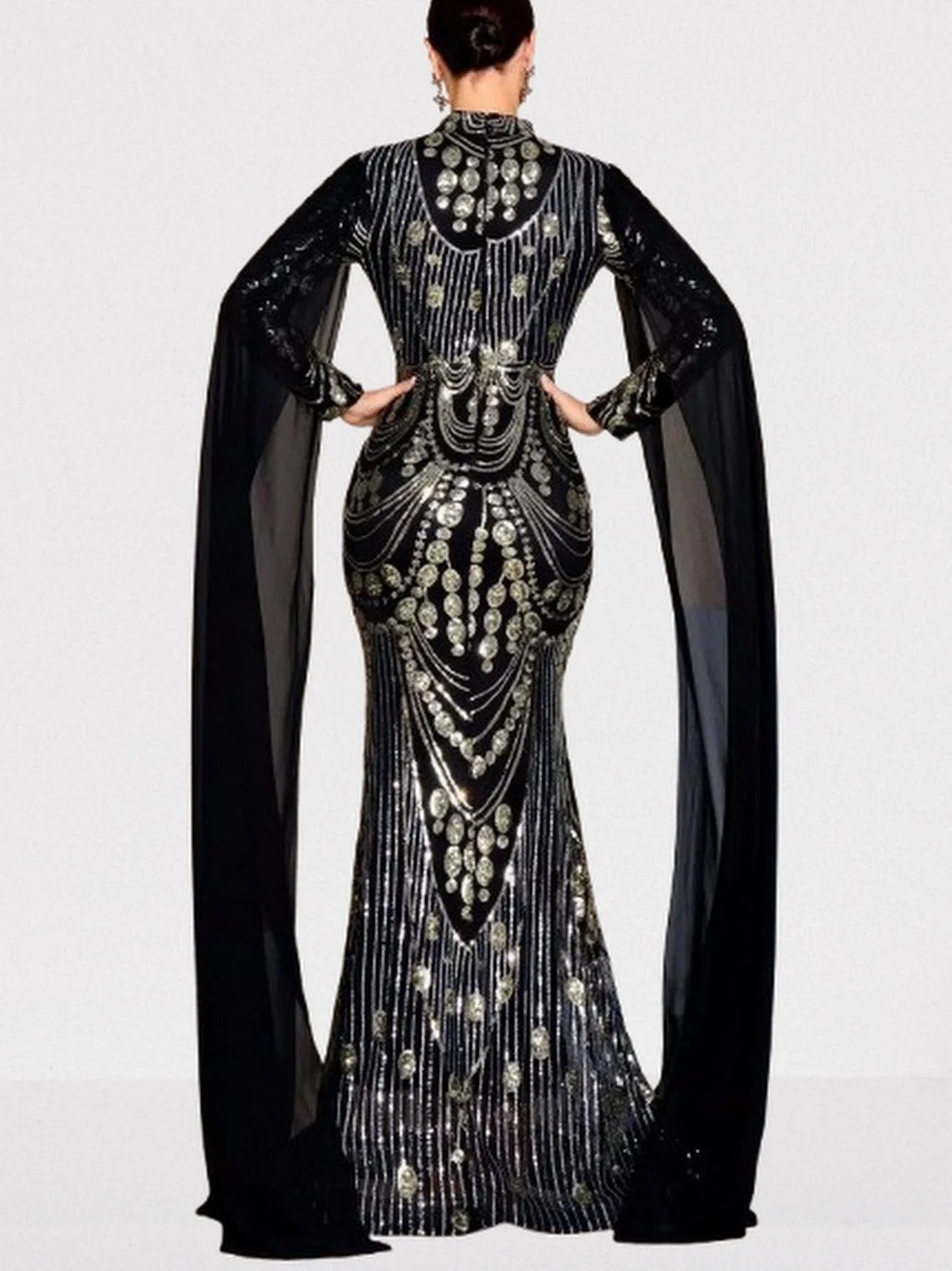 Sequin Embellished Black Gown with Flowing Cape Dresses