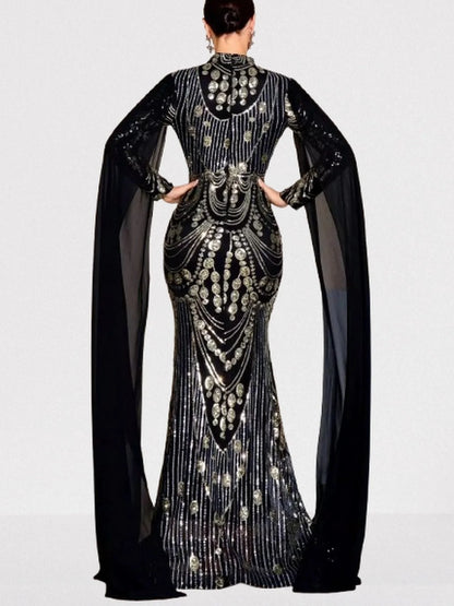 Sequin Embellished Black Gown with Flowing Cape Dresses
