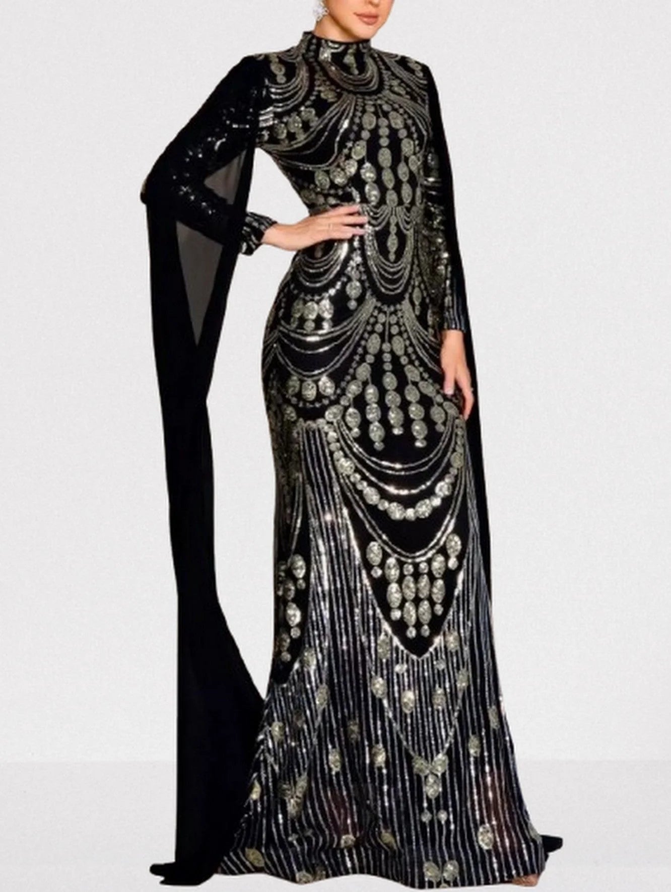 Sequin Embellished Black Gown with Flowing Cape Dresses