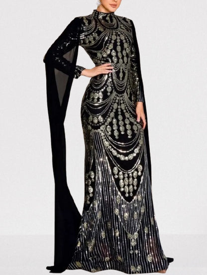 Sequin Embellished Black Gown with Flowing Cape Dresses